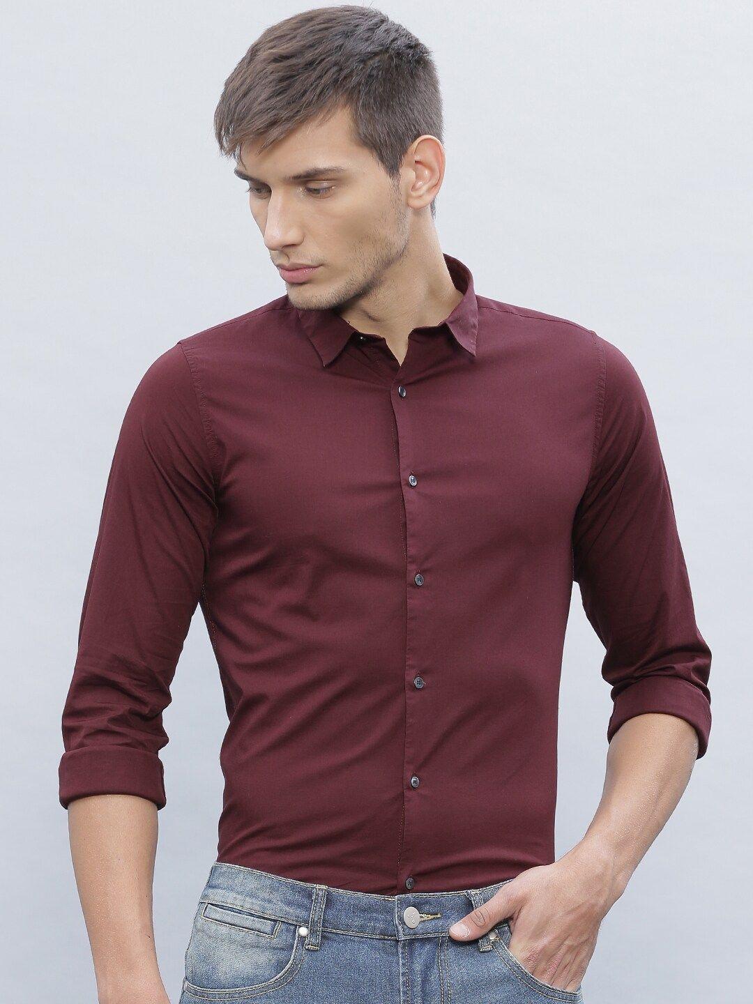 ether men burgundy slim fit antimicrobial solid cotton lycra casual shirt