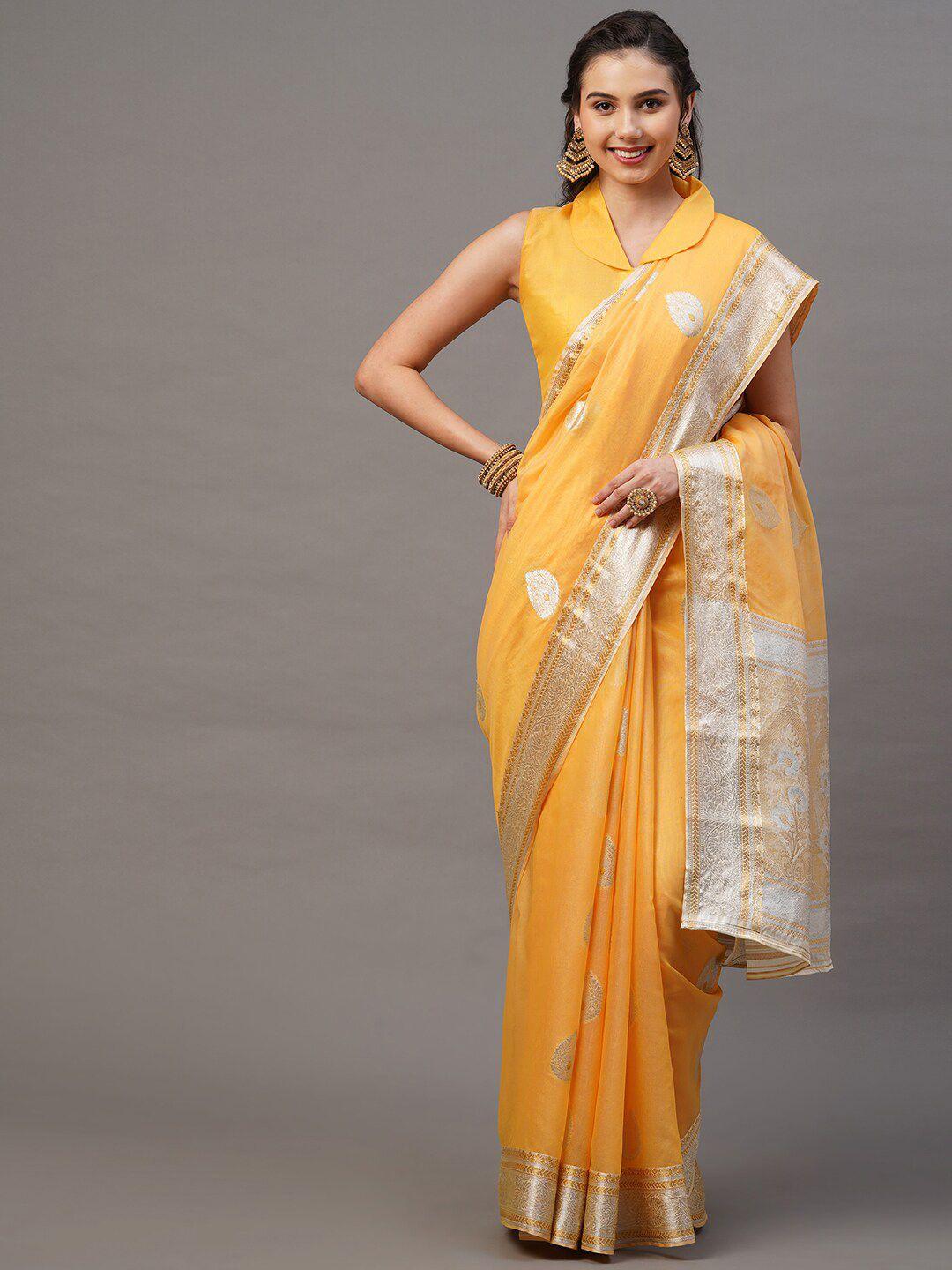 mitera yellow & silver-toned woven design banarasi saree