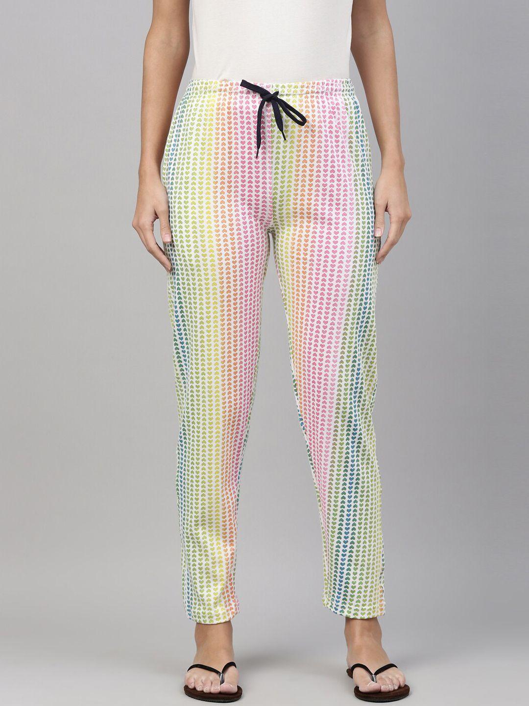 kryptic women white & pink printed pure cotton lounge pants