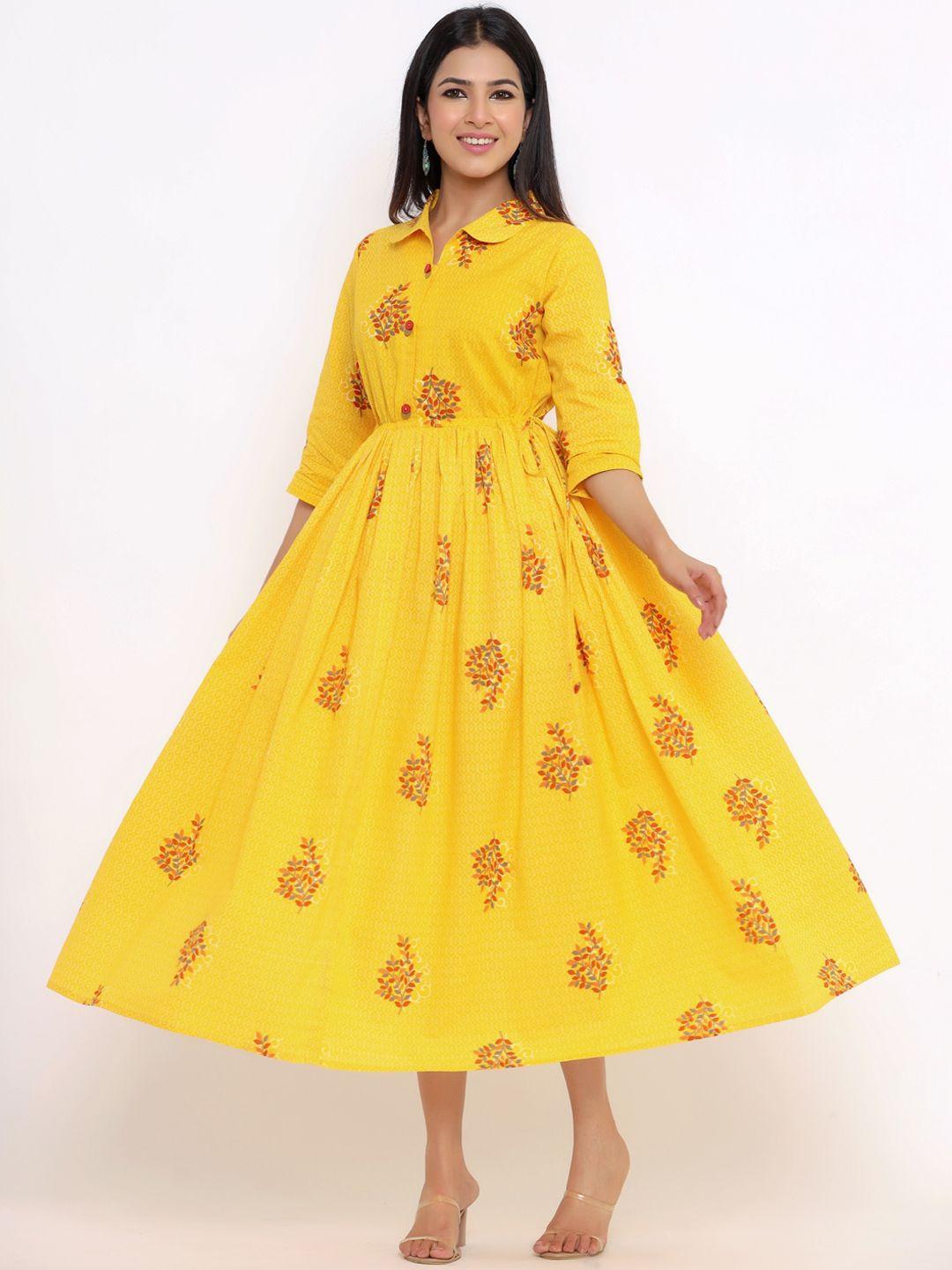 indian virasat yellow ethnic motifs ethnic cotton midi dress