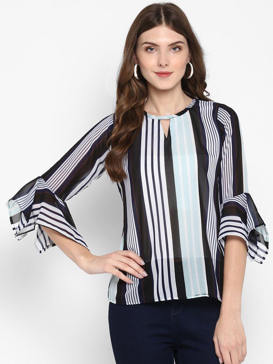 indietoga blue & black striped keyhole neck georgette regular top