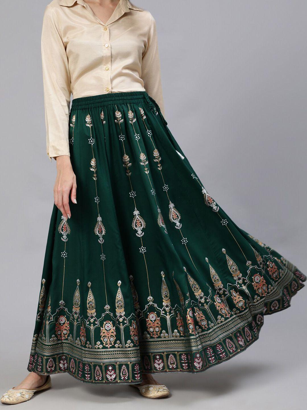 jaipur kurti women green & peach-colored printed flared maxi skirt