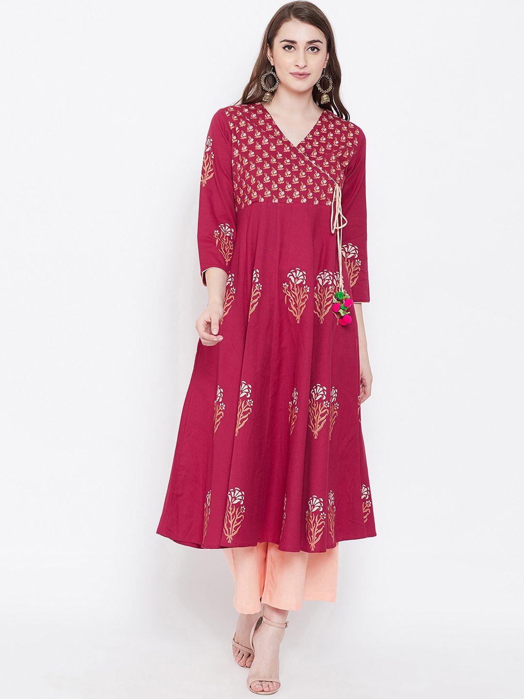 bitterlime women maroon & white ethnic motifs embroidered block print anarkali kurta