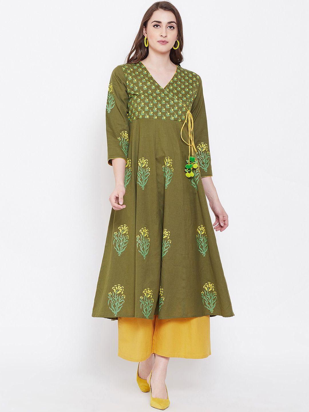 bitterlime women olive green ethnic motifs block print anarkali kurta