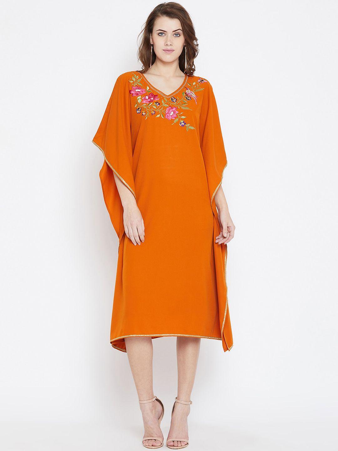 bitterlime rust floral embroidered crepe kaftan midi dress