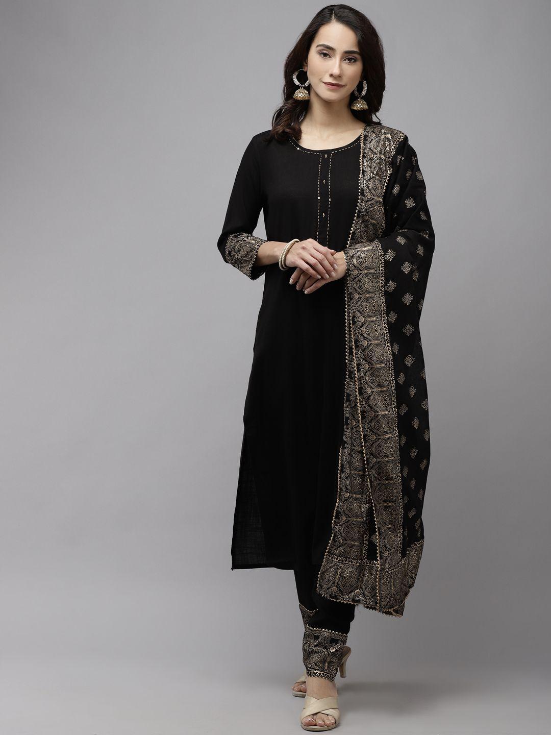 ishin women black ethnic motifs high slit gotta patti kurta with trousers & with dupatta