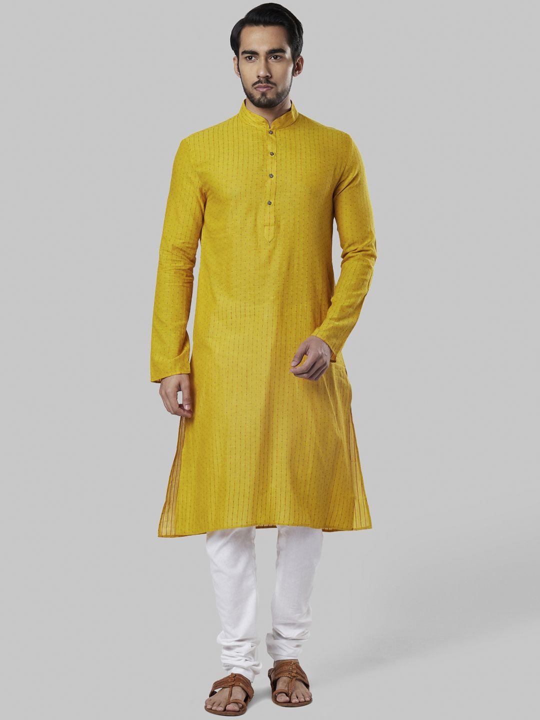 ethnix by raymond men yellow  red woven design thread work a-line kurta