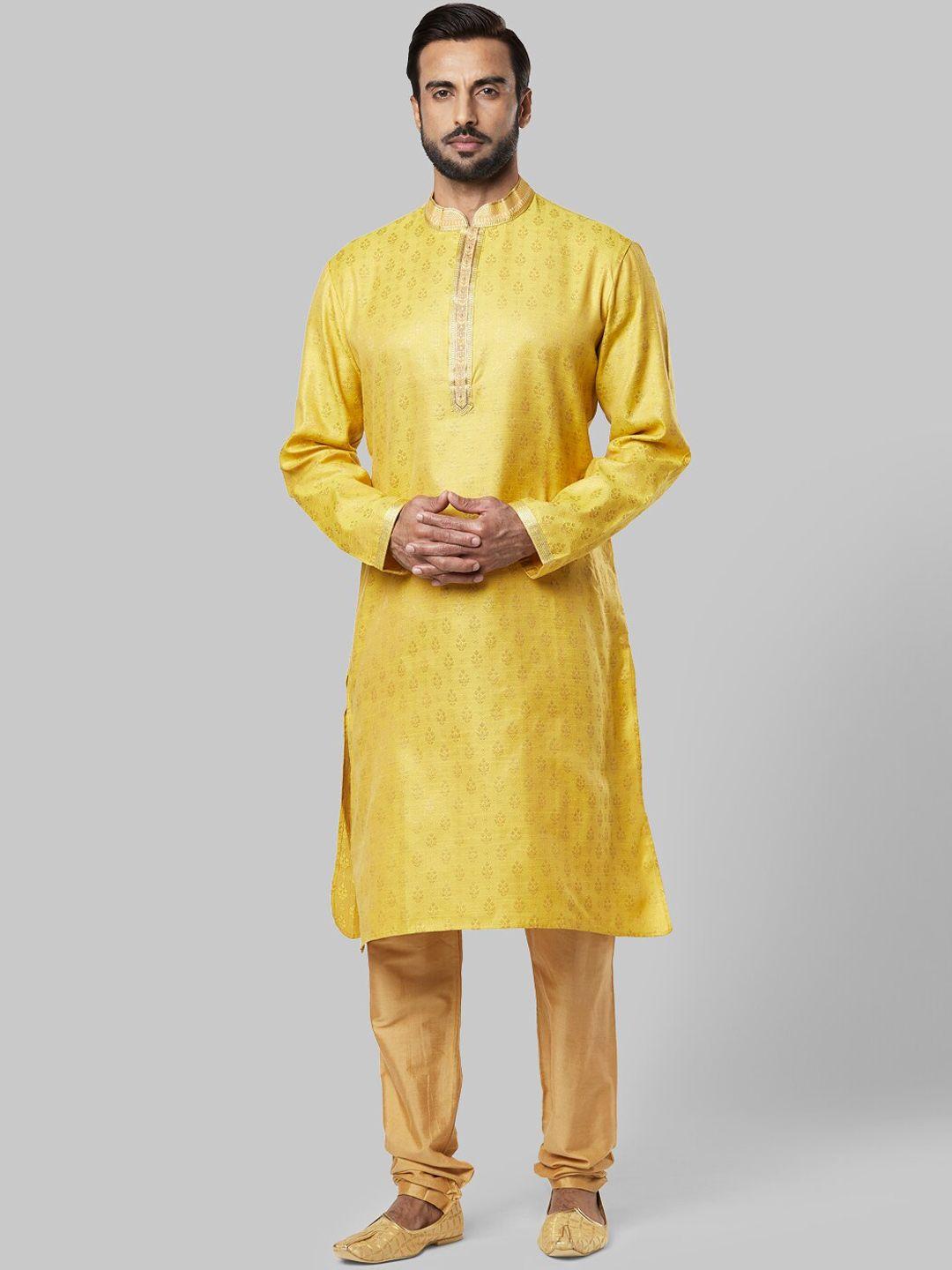 ethnix men yellow & beige woven design regular straight kurta