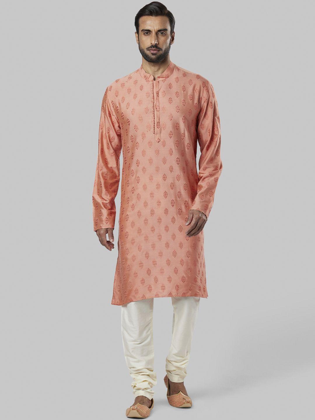 ethnix men peach-coloured ethnic motifs embroidered kurta