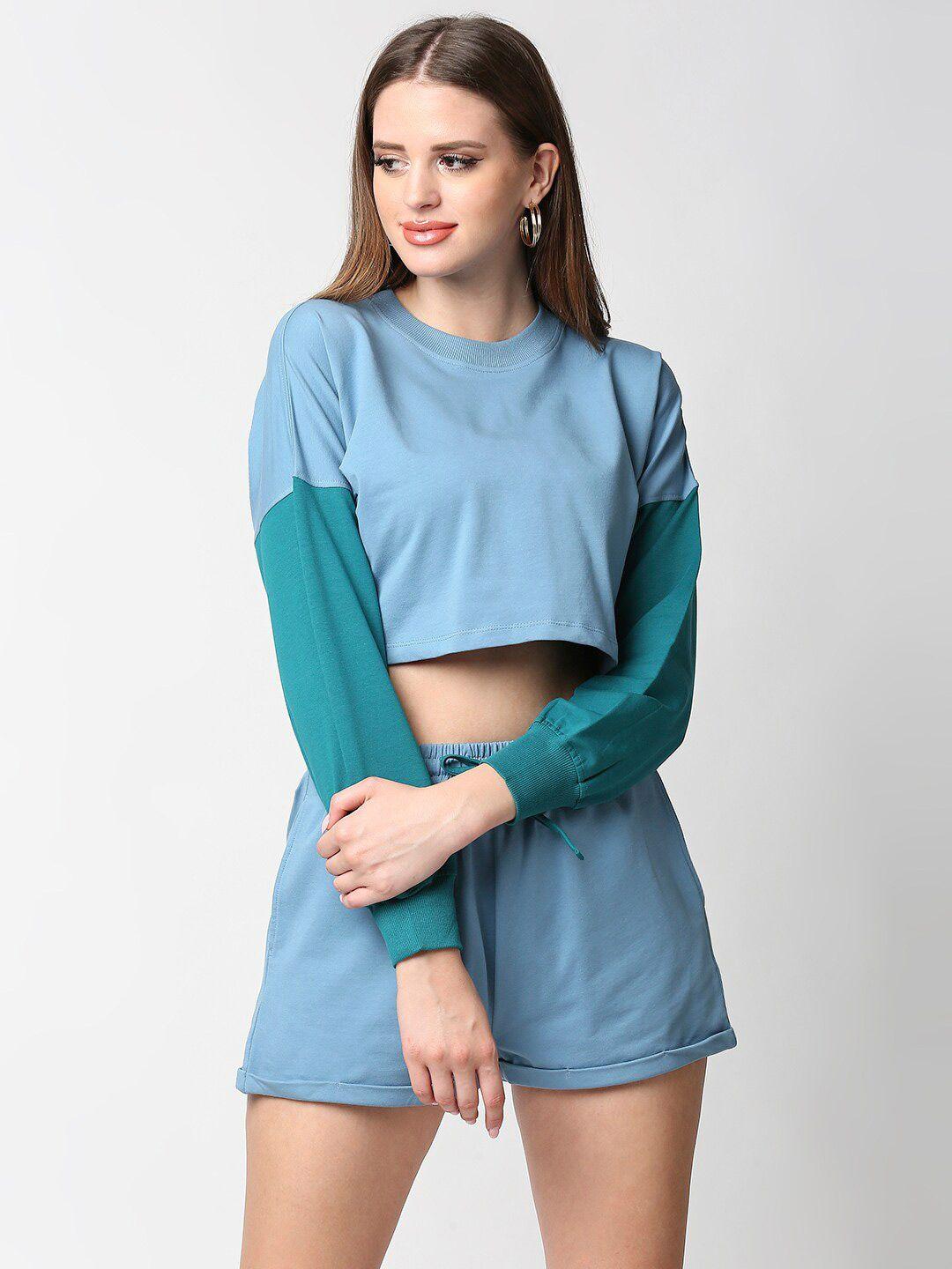 anwaind women blue & green colourblocked pure cotton crop top with shorts