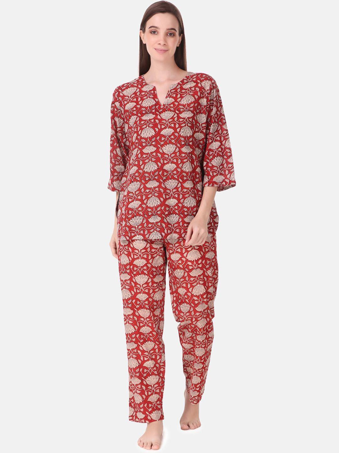 masha women red & beige ethnic motifs printed pure cotton nightsuit