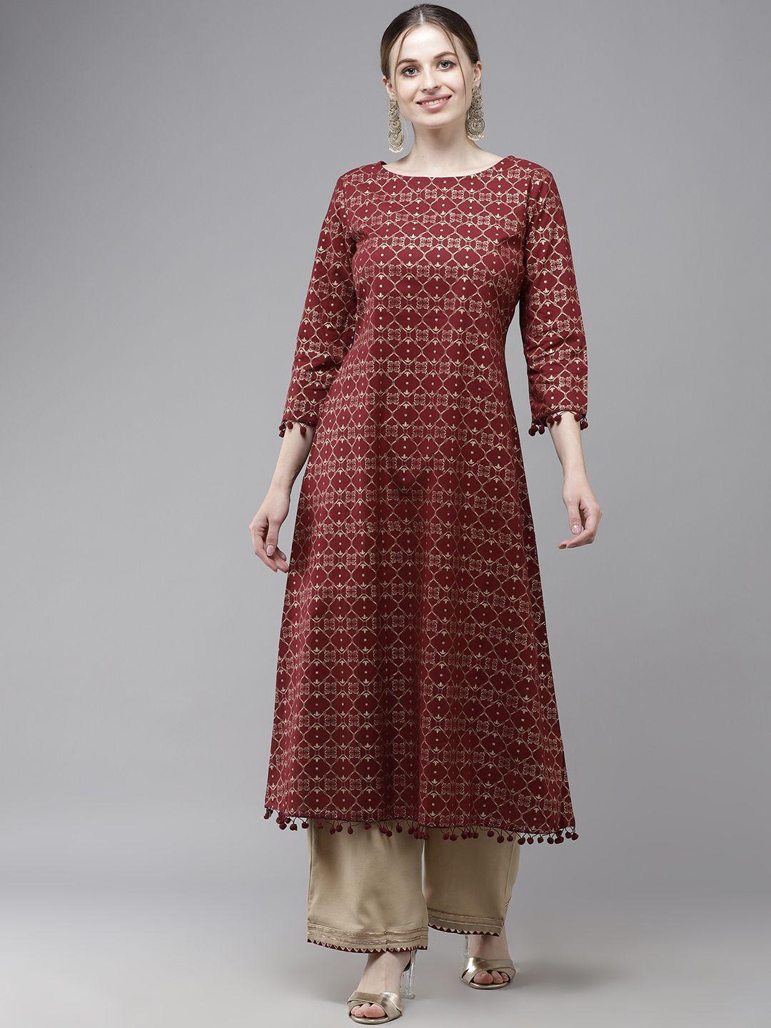 indo era women maroon geometric printed kurta