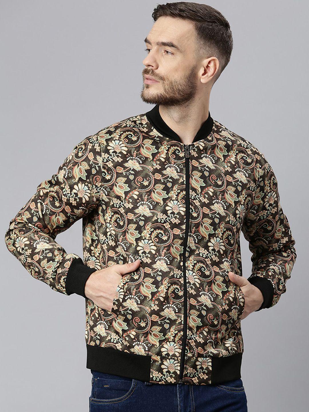 hangup men brown & green floral printed lightweight bomber jacket