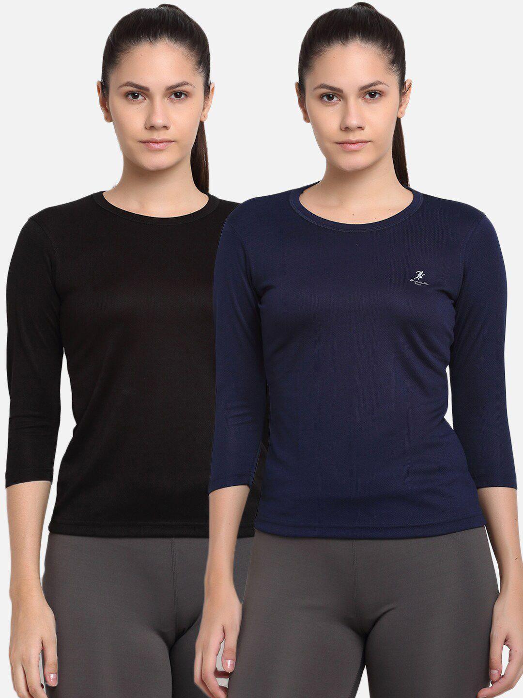 armisto women navy pack of 2 blue & black dri-fit slim fit training or gym t-shirts