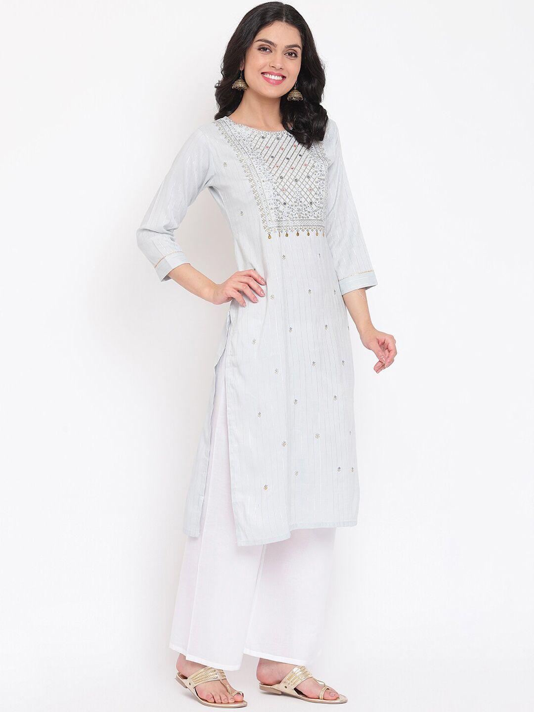 napra women grey geometric embroidered mirror work kurta