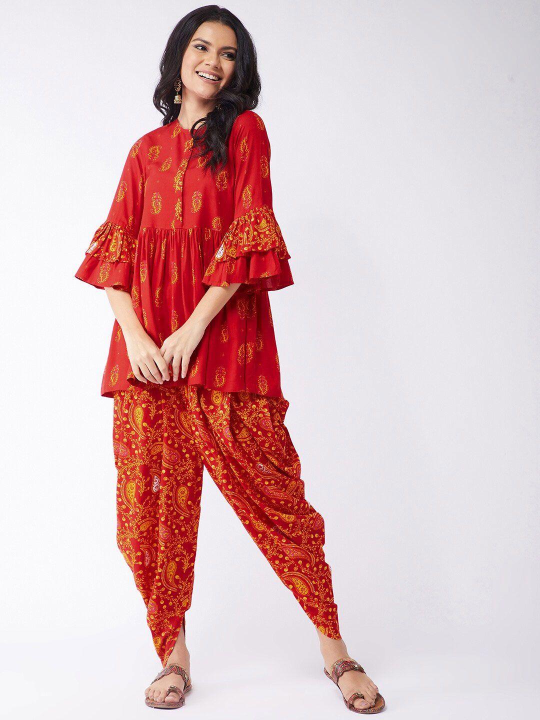 pannkh women red & yellow ethnic motifs printed kurta & dhoti pant