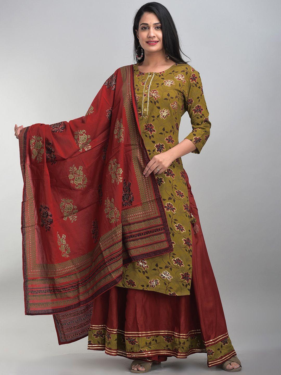 divyank women green & maroon floral printed thread work kurta with palazzos & dupatta