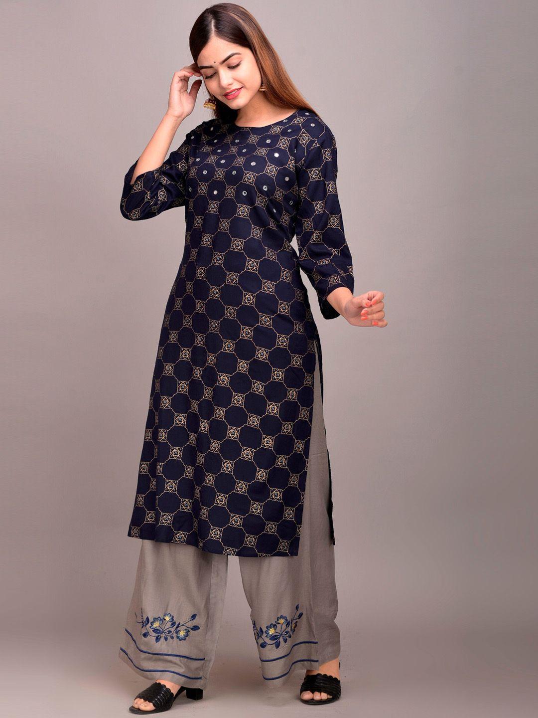 divyank women navy blue & grey ethnic motifs printed mirror work kurta with palazzos