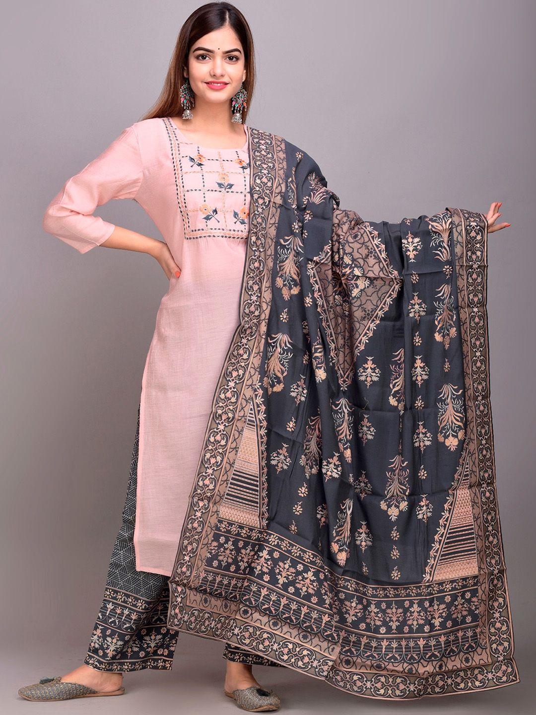 divyank women pink & grey ethnic motifs yoke embroidered kurta with palazzos & dupatta