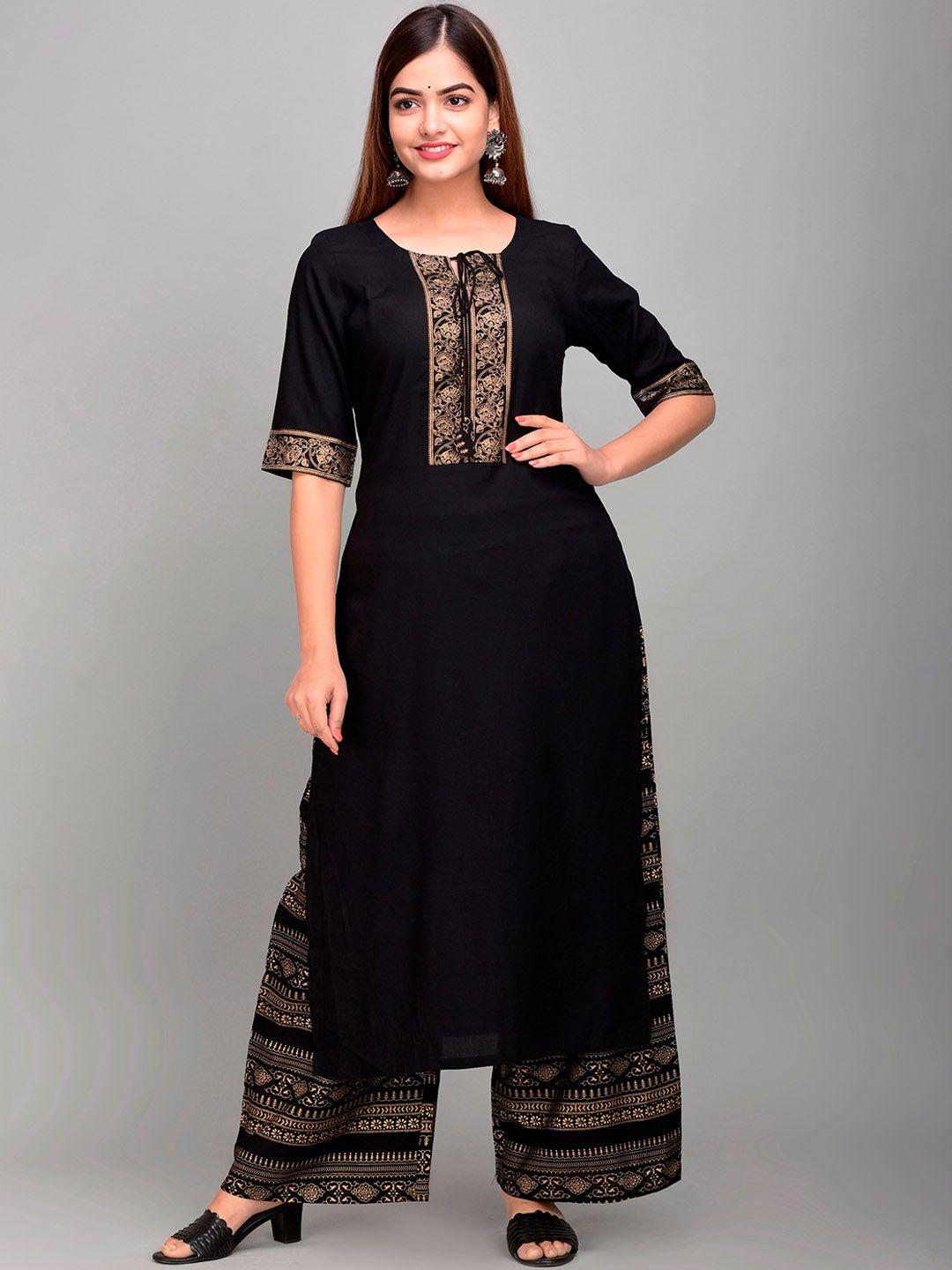 divyank women black & gold-coloured yoke design regular kurta with palazzos