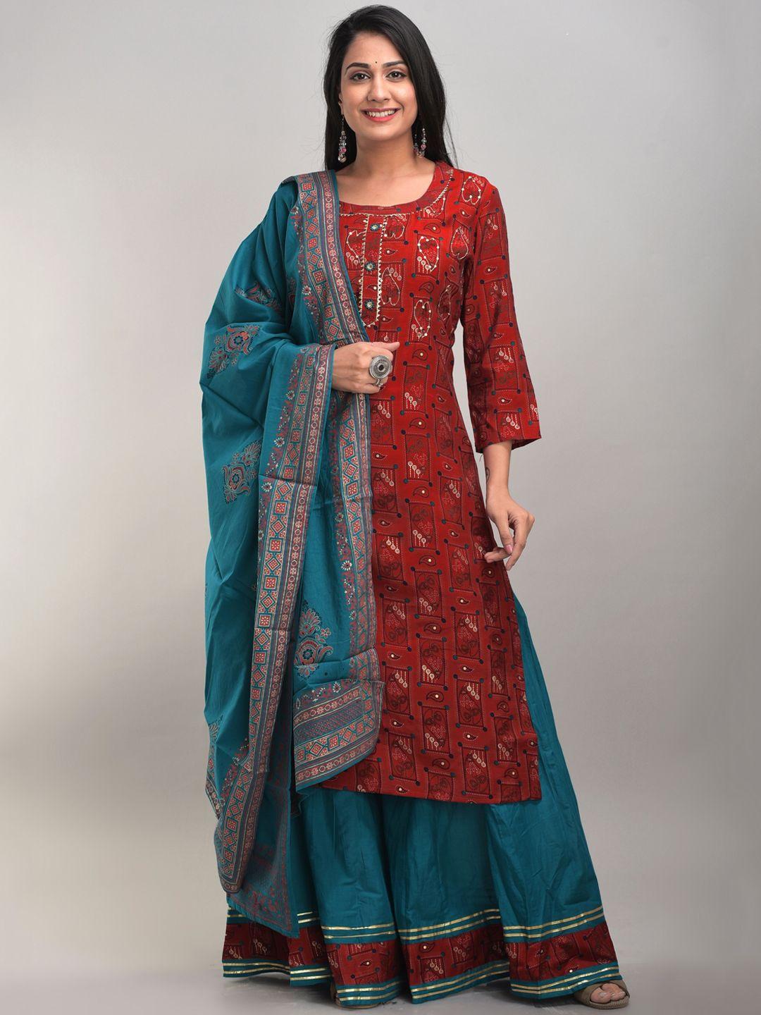 divyank women red & blue ethnic motifs printed thread work kurta with palazzos & dupatta