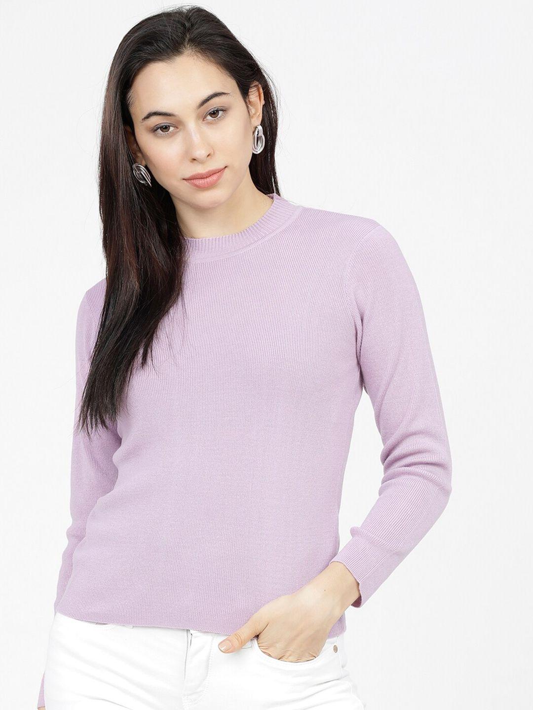 tokyo talkies women lavender ribbed round neck solid pullover