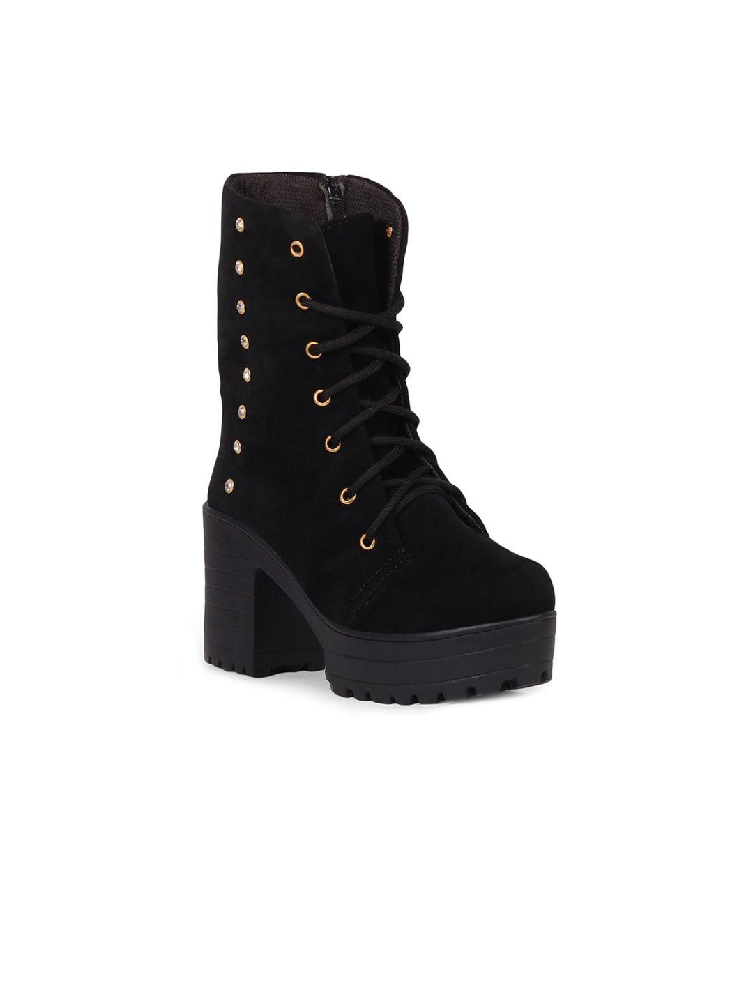 twin toes black suede high-top block heeled boots with laser cuts