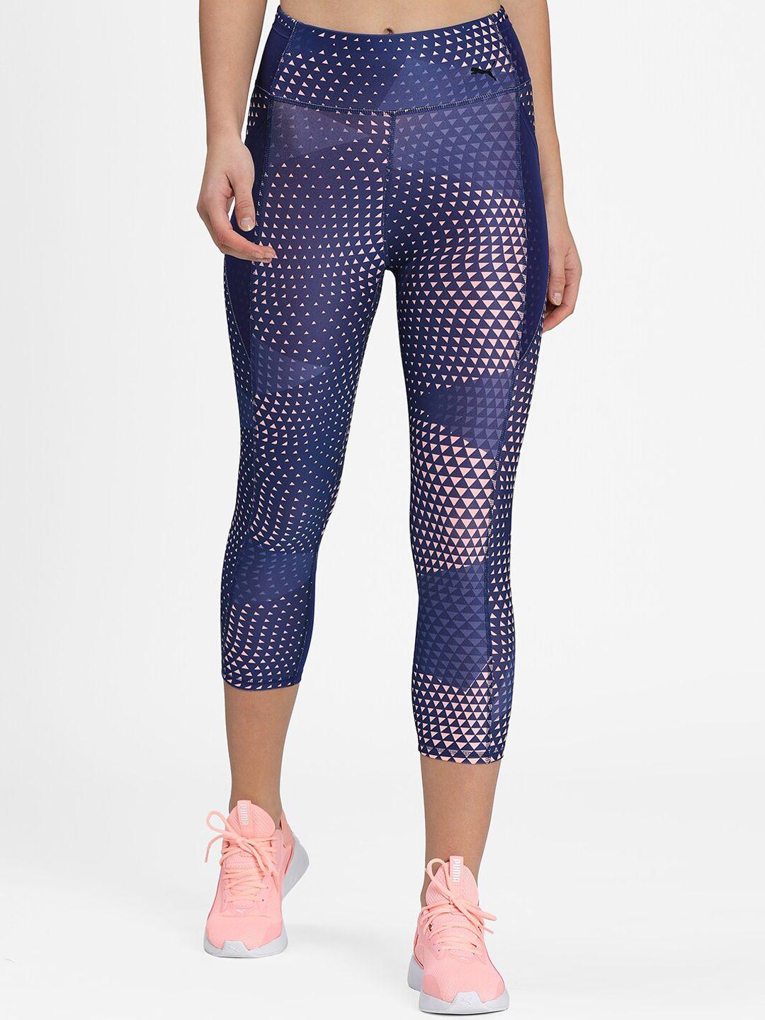 puma women blue geometric printed favourite aop 3/4 training slim tights