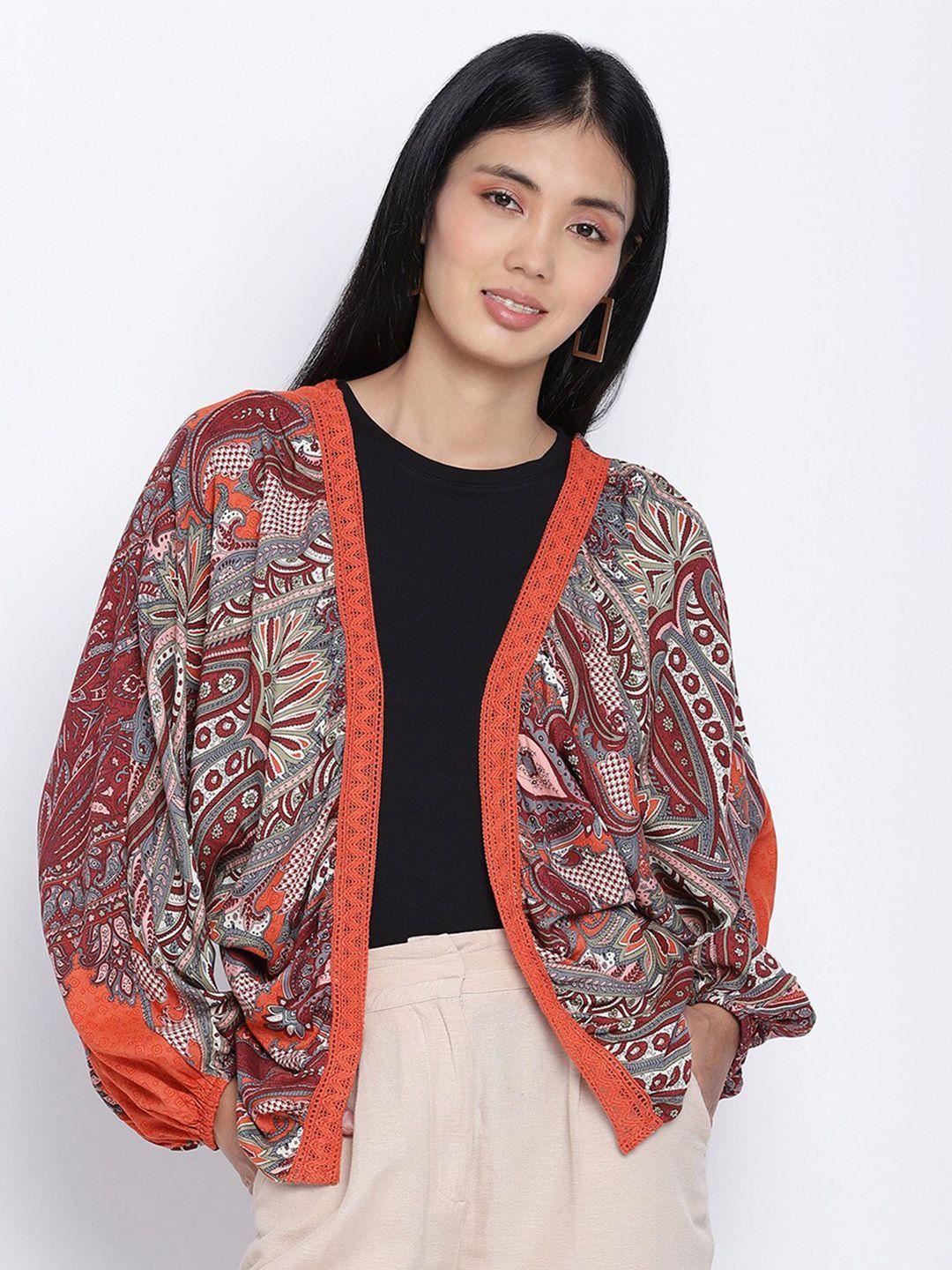 oxolloxo women grey & orange printed shrug