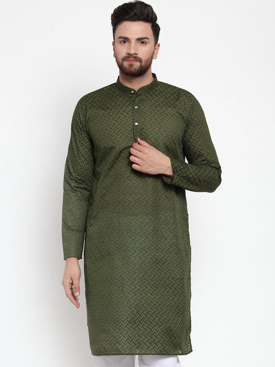 jompers men olive green geometric embroidered pure cotton kurta