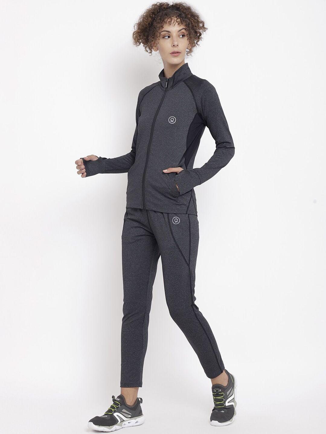 chkokko women grey melange & black solid sports tracksuit