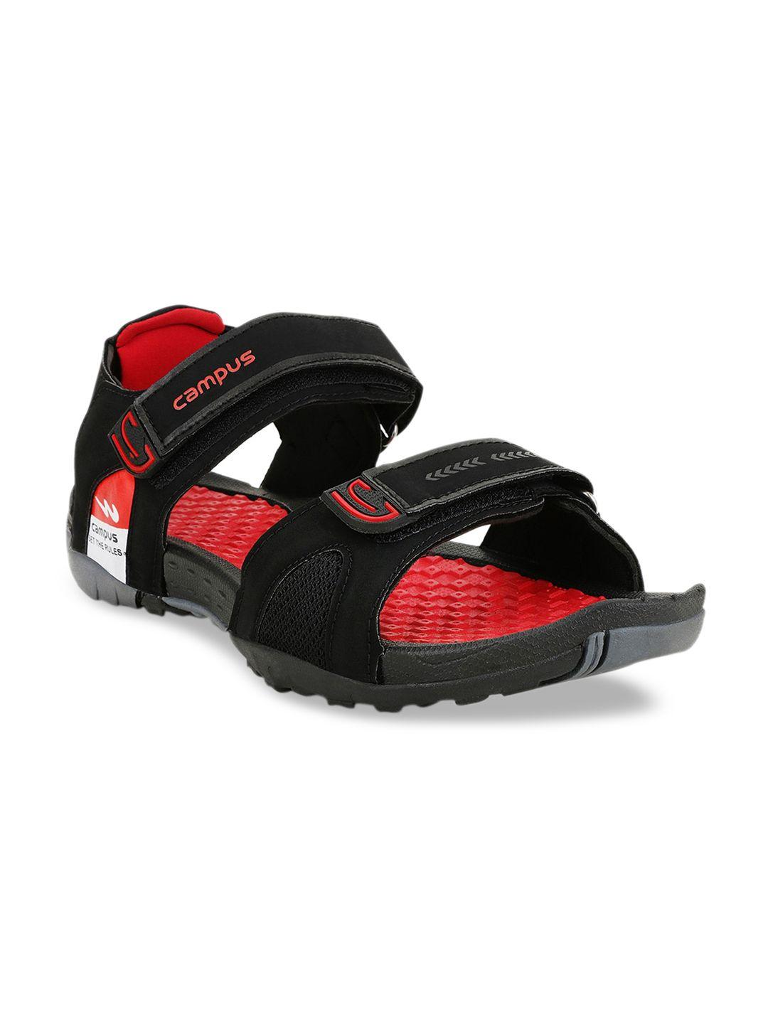 campus men black & orange printed sports sandals