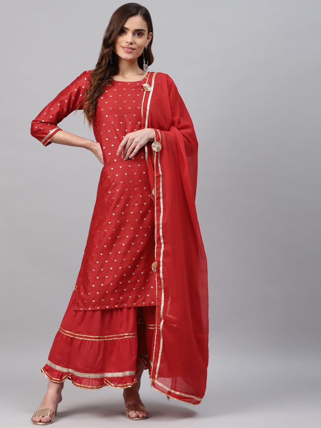 rangriti women red printed regular kurta with sharara & dupatta