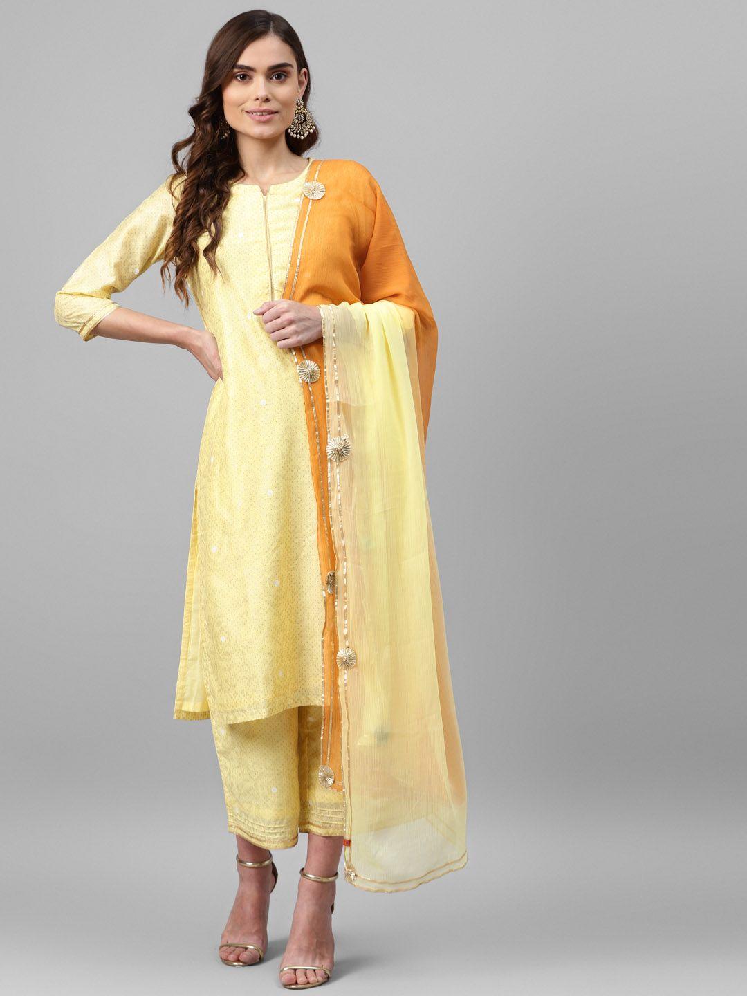 rangriti women yellow printed regular kurta with palazzos & with dupatta