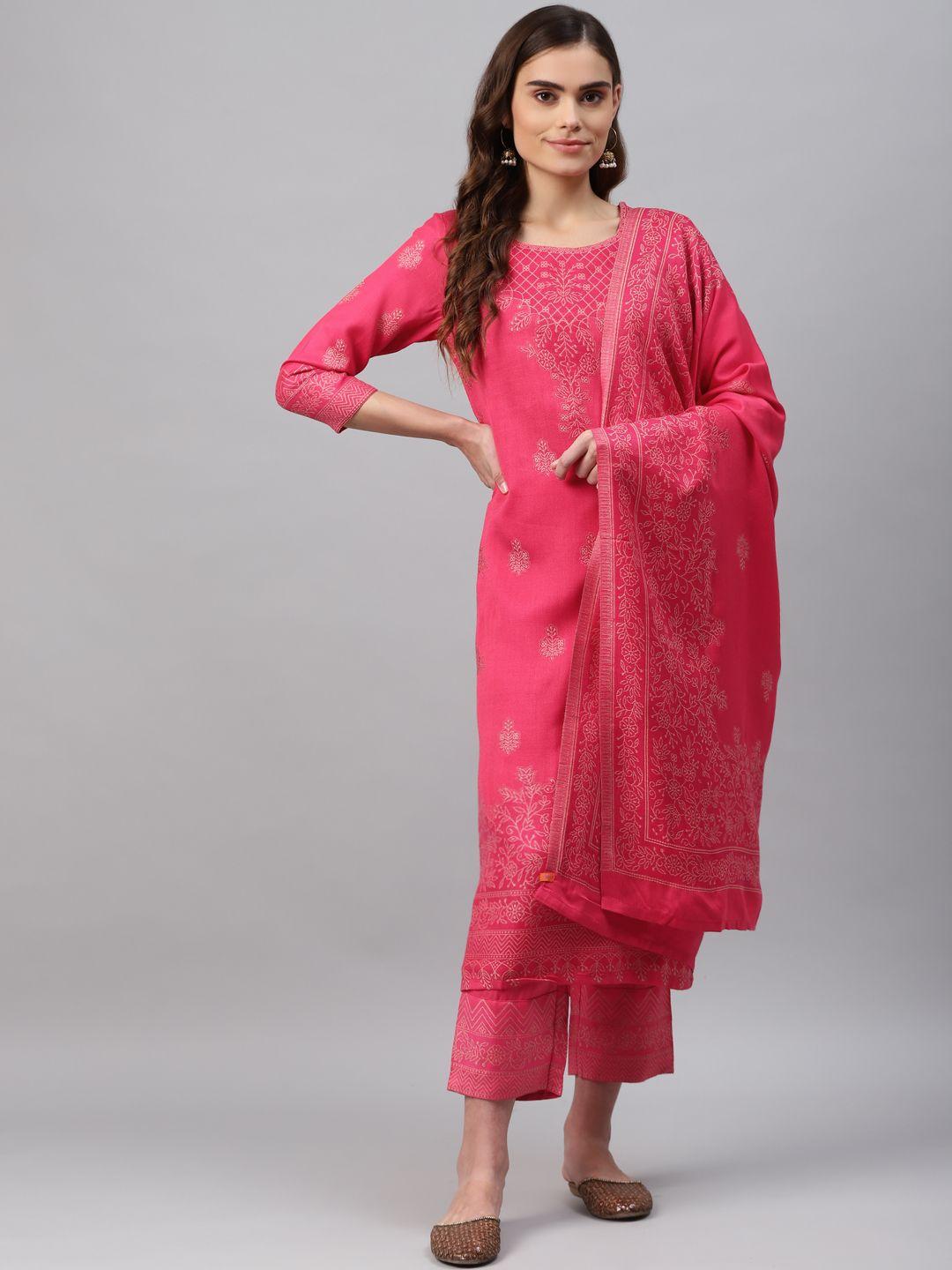 rangriti women coral red floral printed regular kurta with trousers & dupatta