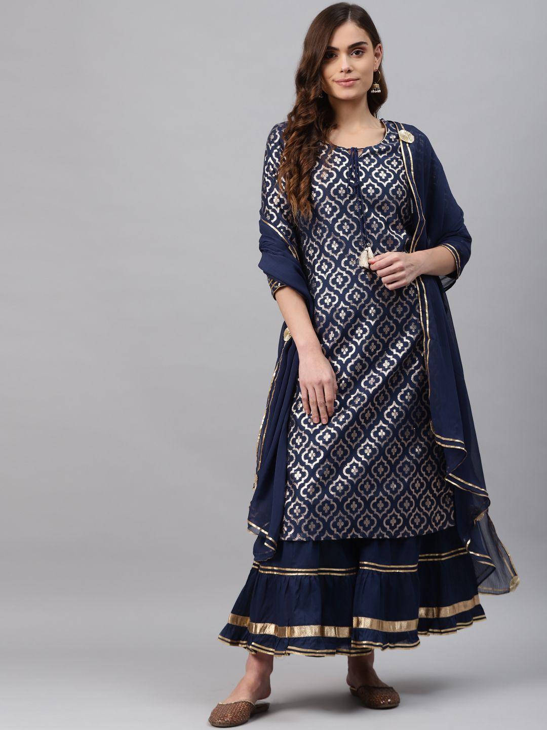 rangriti women blue printed regular kurta with sharara & with dupatta