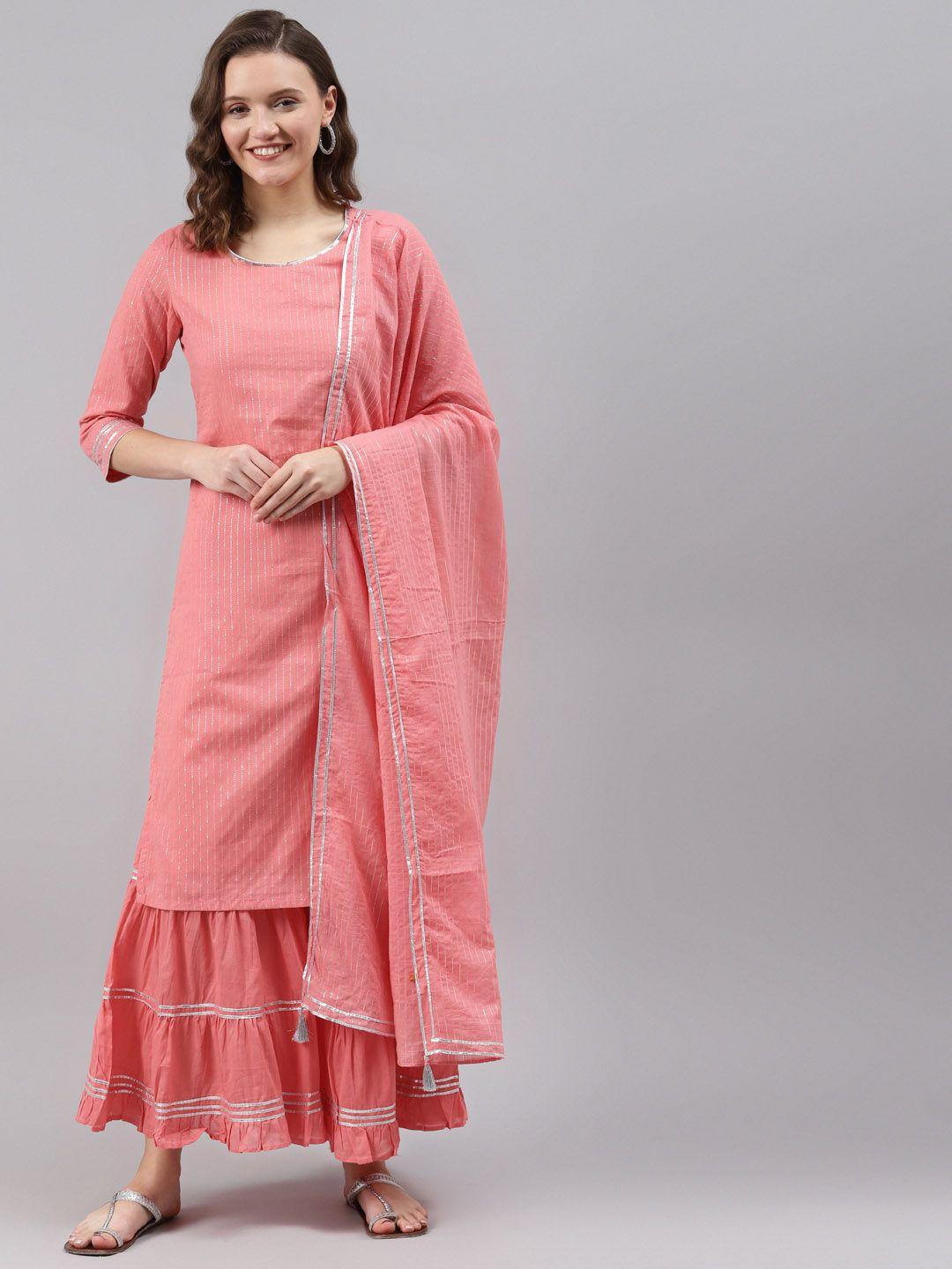 rangriti women peach-coloured striped regular kurta with sharara & with dupatta