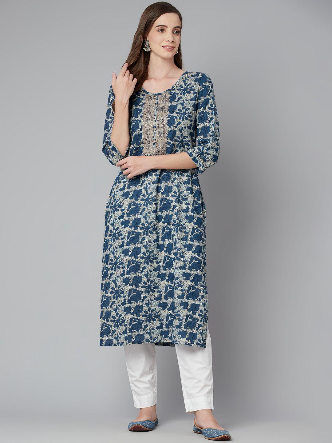 divena women blue & cream-coloured cotton floral printed floral kurta