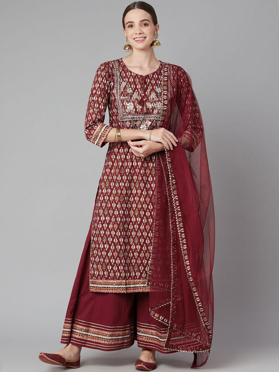 divena women maroon floral printed regular gotta patti pure cotton kurta with palazzos & with dupatta