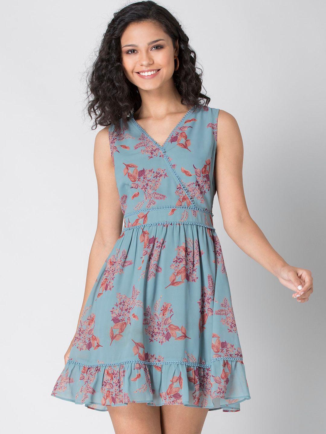 faballey blue & pink floral georgette dress