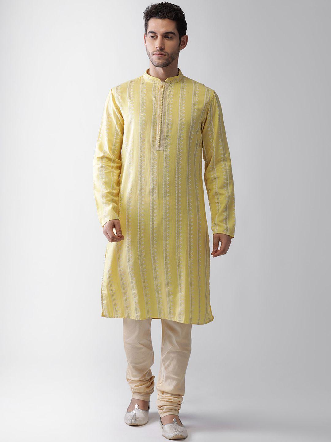 kisah men yellow & off white striped thread work kurta