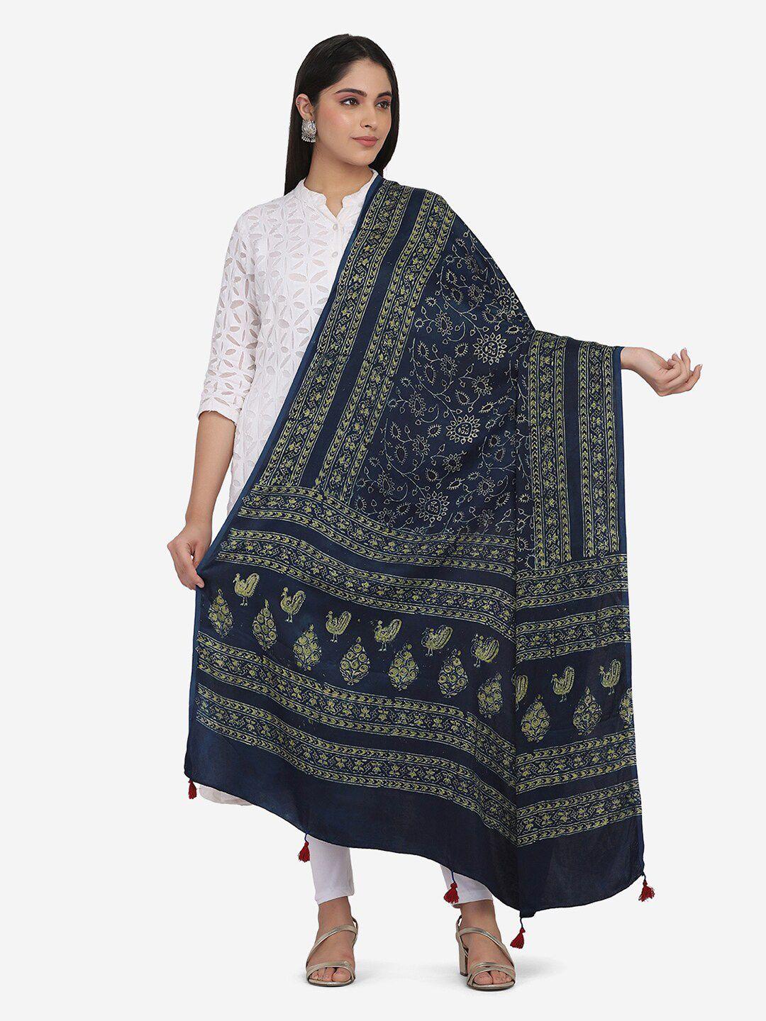 the weave traveller blue & cream-coloured printed viscose rayon block print dupatta