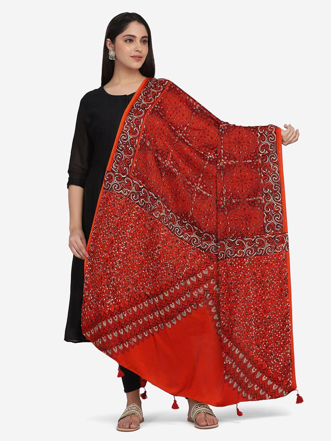 the weave traveller orange & white ethnic motifs printed viscose rayon block print dupatta