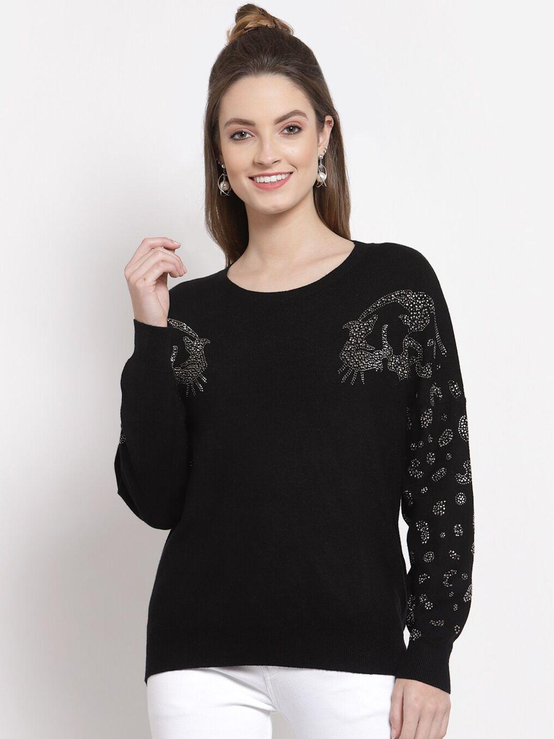 mafadeny women black & silver-toned embellished pullover