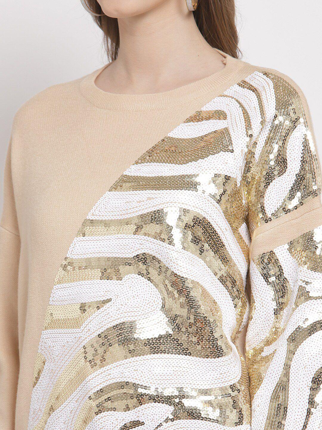 mafadeny women beige & white embellished pullover