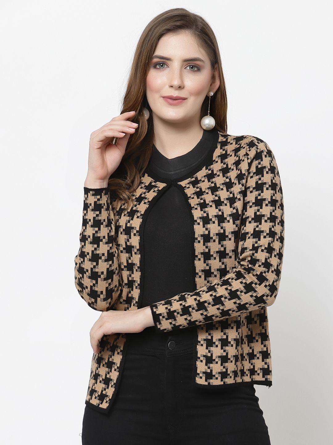 mafadeny women khaki & black geometric self design open front shrug