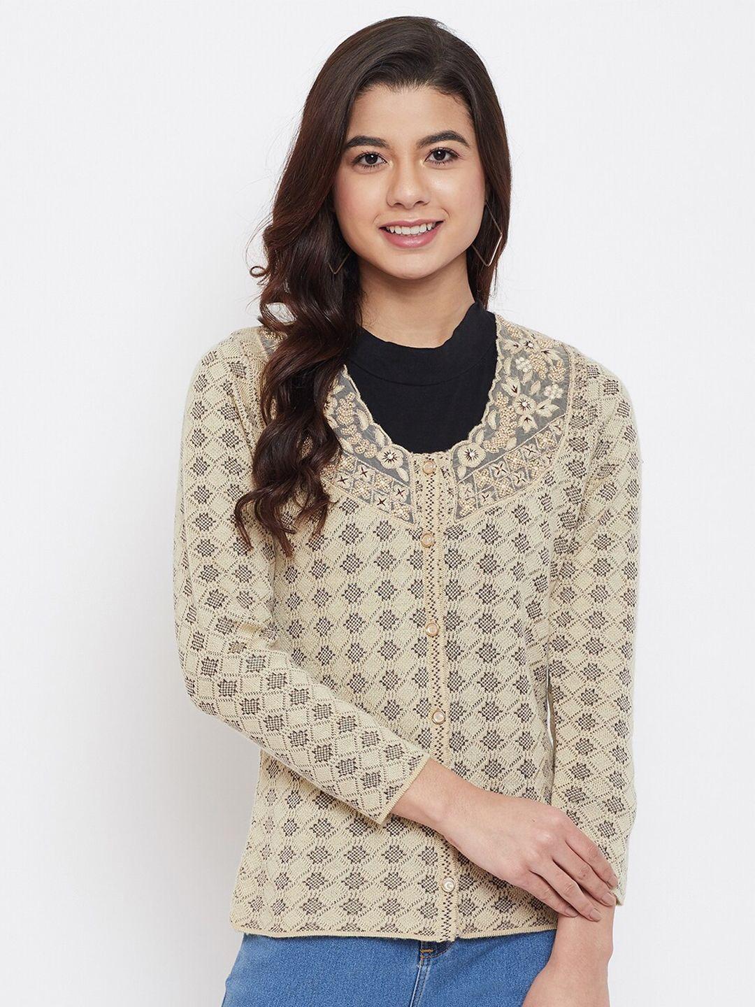 zigo women beige & brown embroidered cardigan