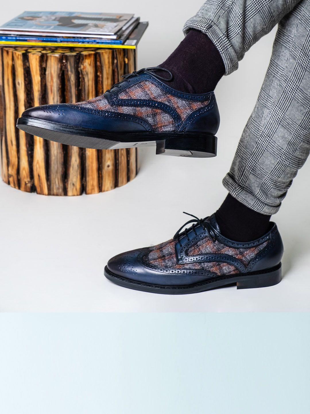 saint g men navy blue & grey textured leather formal brogues