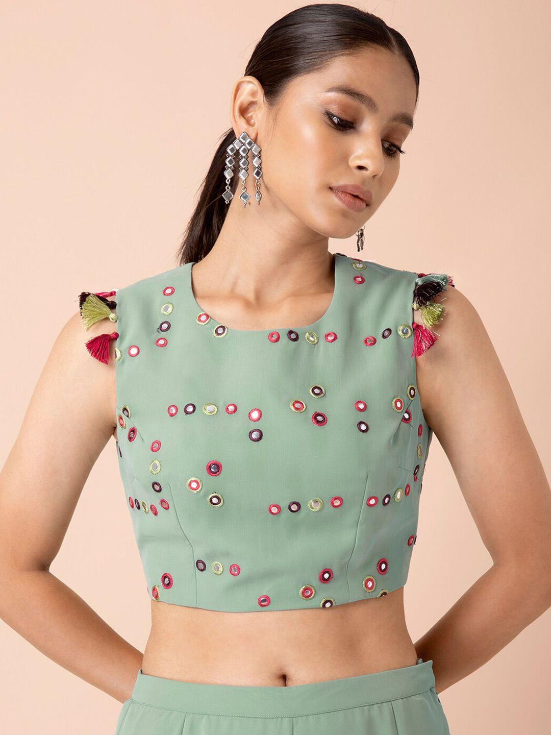 indya x payal singhal green mirror work tasselled crop top