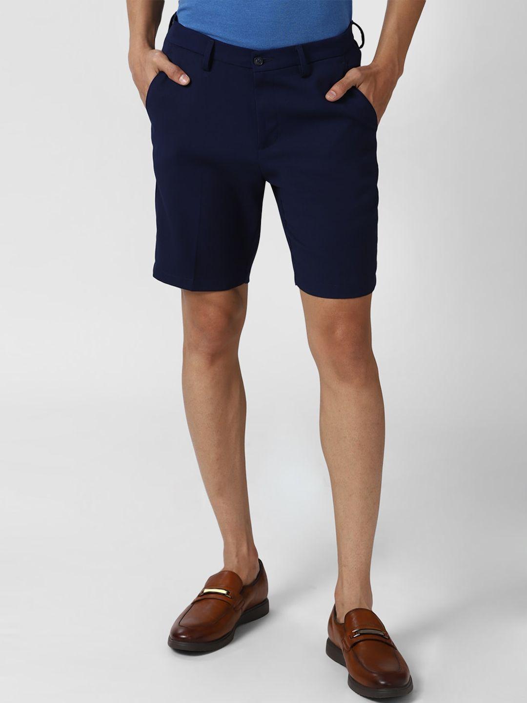 peter england men navy blue solid slim fit regular shorts